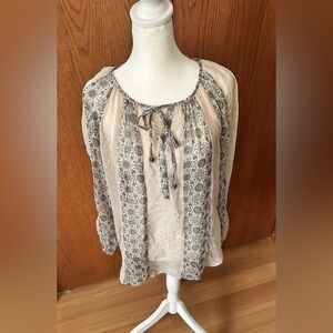 Roz Ali Boho Womens Long Sleeve Sheer Geometric Pattern Blouse Tie Neck Size Med
